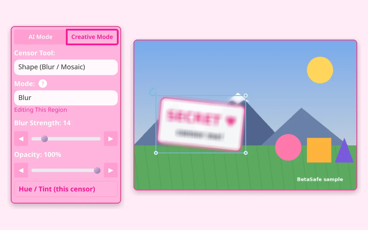 A selected censor region with resize handles on a sample image